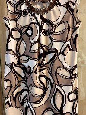 Dana Buchman Cream and Brown Beaded-Neck Shift Dress